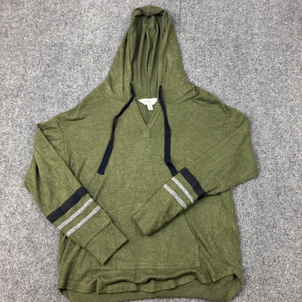Market and Spruce Olive Green Varsity Stripe Knit Hoodie Petite Small 6348